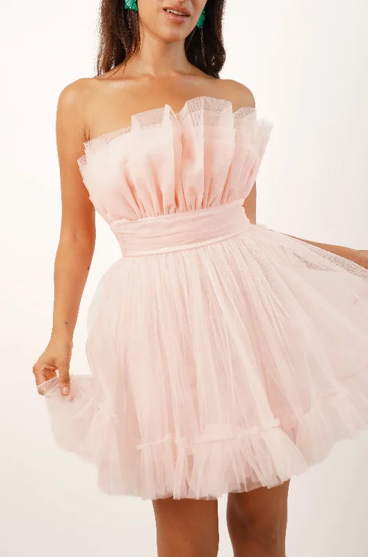 Nanita Tulle Mini Dress in Blush Pink Chic Puff Sleeve Mini Dress