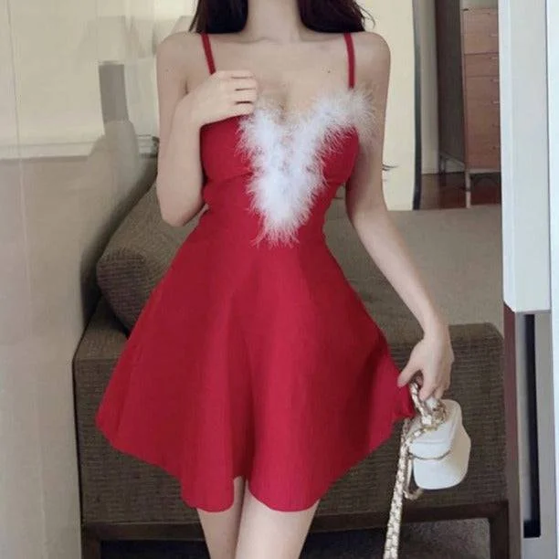 Neely Strappy Fuzzy V Neck A-Line Christmas Mini Dress Trendy Button-Detail Mini Dress