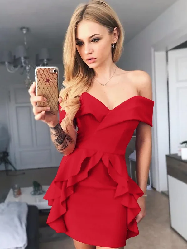 Off Shoulder Ruffled V-neck Mini Dress Trendy Mesh Mini Dress