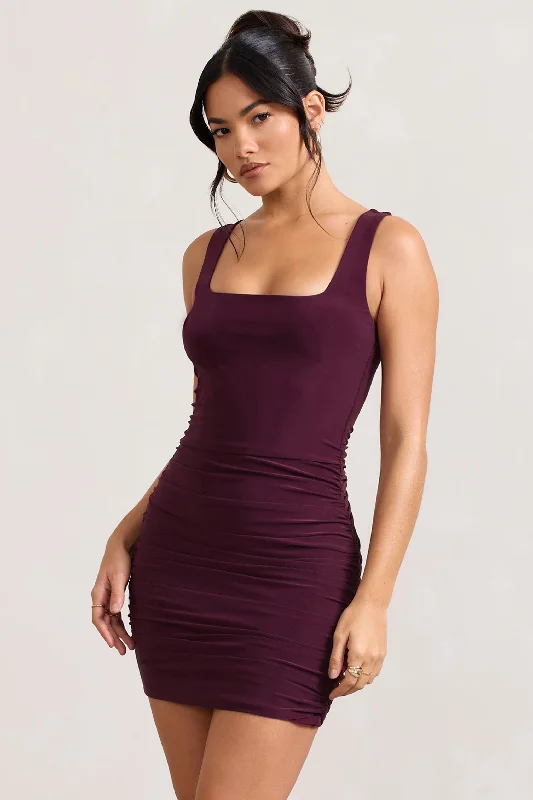 Porto | Burgundy Square-Neck Strappy Bodycon Mini Dress Comfortable Zip-Up Mini Dress