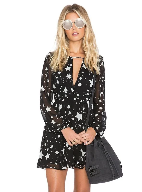 PRINTED DRESS LONG SLEEVE V-NECK SHEER MINI DRESS Fashionable Polka Dot Mini Dress