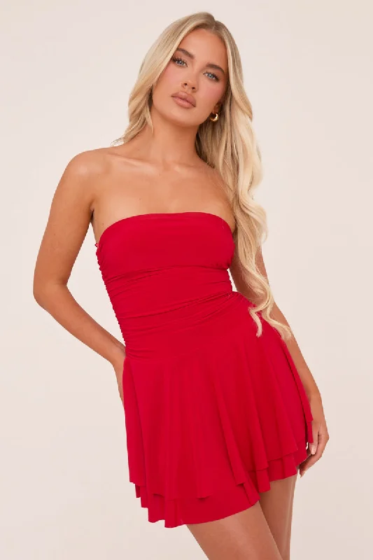 Red Bandeau Ruched Skater Mini Dress - Sifan Stylish Button-Down Mini Dress