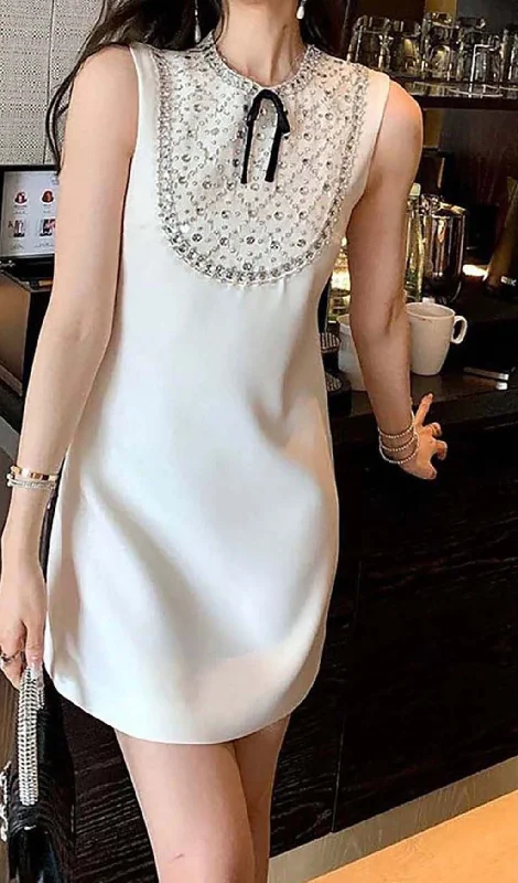 RHINESTONE BOW TIE MINI DRESS IN WHITE Classic Casual Mini Dress