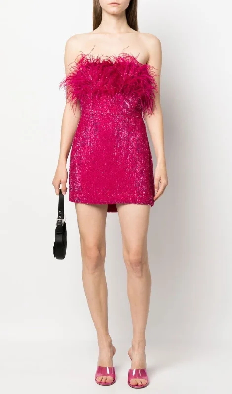 SEQUIN FEATHER STRAPLESS MINI DRESS IN HOT PINK Stylish Sweetheart Neck Mini Dress