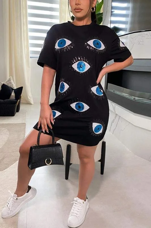 SEQUINS EYES T SHIRT MINI DRESS Classic Floral Print Mini Dress