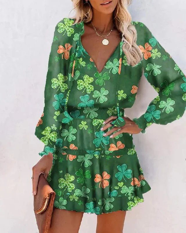 ST PATRICK S DAY CLOVERS PRINT LONG SLEEVE MINI DRESS Fashionable Pleated Mini Dress