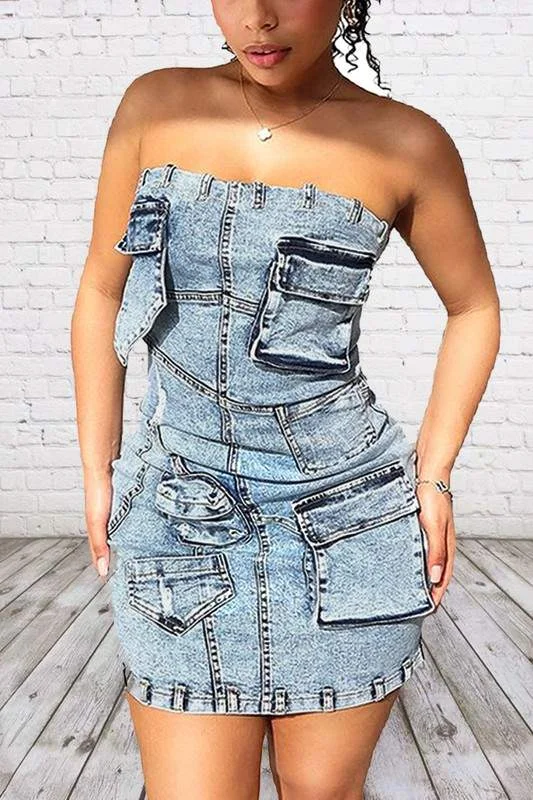 STRAPLESS DENIM MINI DRESS Elegant Sequin Mini Dress