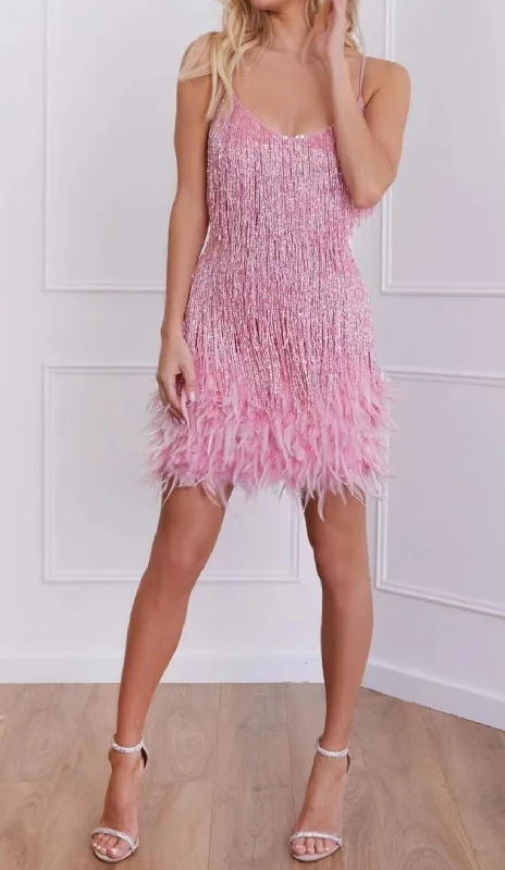 TASSEL FEATHER MINI DRESS IN PINK Elegant Lace-Up Mini Dress