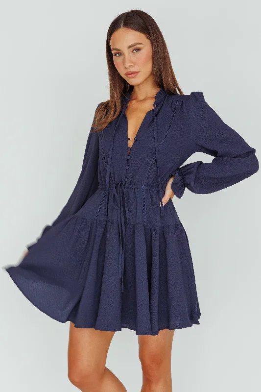 Waverly Long Sleeve Mini Dress Navy Elegant Silk Mini Dress