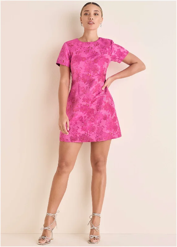 Jacquard A-Line Mini Dress - Pink Metallic Classic Floral Print Mini Dress