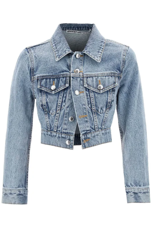 Denim Jacket With Micro Rhinest  - Blue Zippered Front Buttoned Front Snap Front