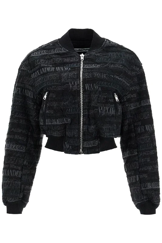 Denim Bomber Jacket With Embroidered Lettering  - Black Print Jacket Jacquard Jacket Patchwork Jacket