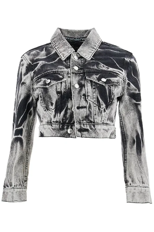 Cropped Denim Jacket With Acid Wash  - Black Zippered Jacket Buttoned Jacket Snapped Jacket