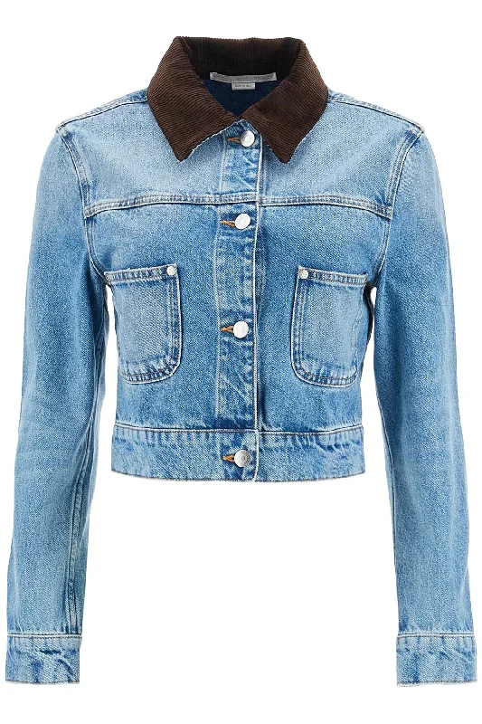 Cropped Denim Jacket For Women  - Blue Front Pockets Side Pockets Patch Pockets