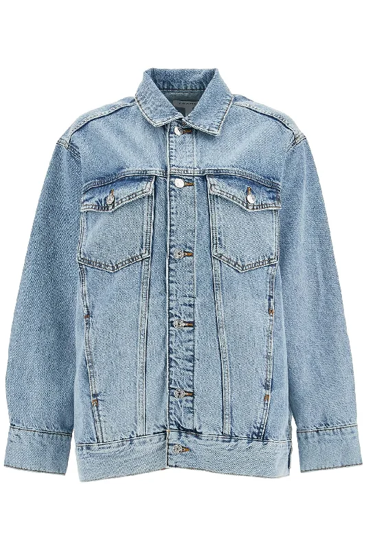 Oversized Denim Jacket For  - Blue Boat Neck Shawl Collar Notched Collar