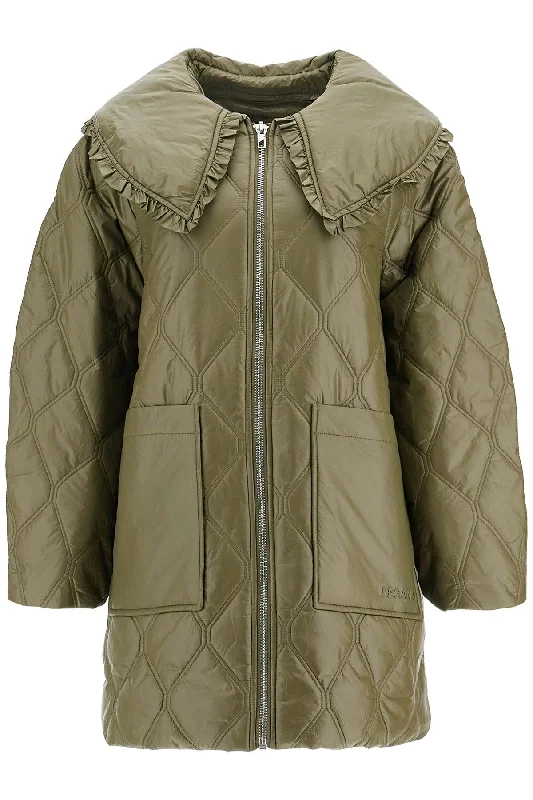 Lightweight Down Jacket With Oversized Collar  - Green Wool Fabric Cashmere Fabric Tweed Fabric