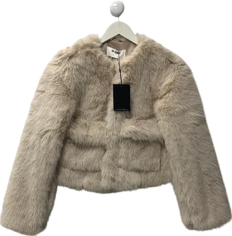 4th & Reckless Cream Beige Faux Fur Cropped Jacket- Reysha UK 8 Herringbone Jacket Houndstooth Jacket Plaid Jacket