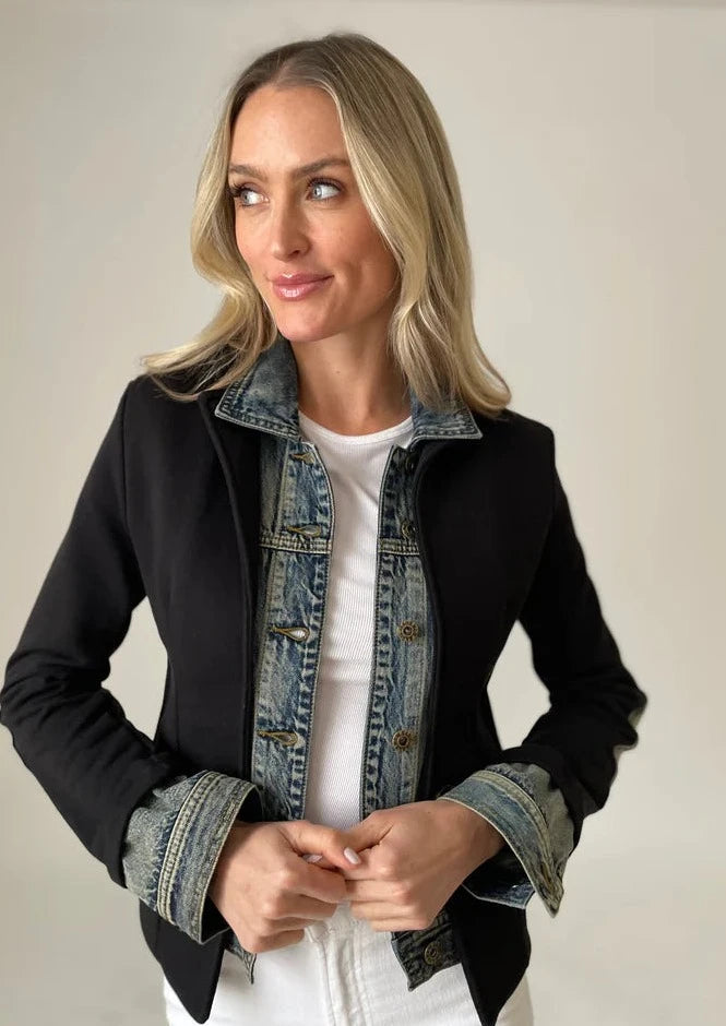 denim insert ponte jacket A-Line Jacket Boat Neck Shawl Collar