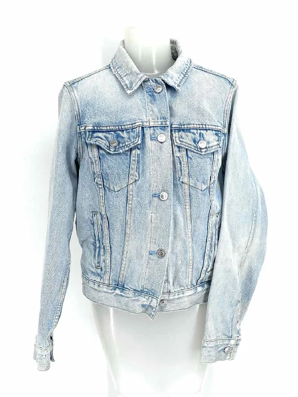 All Saints Trucker Women's Light Blue Distressed Size S Jacket Print Jacket Jacquard Jacket Patchwork Jacket