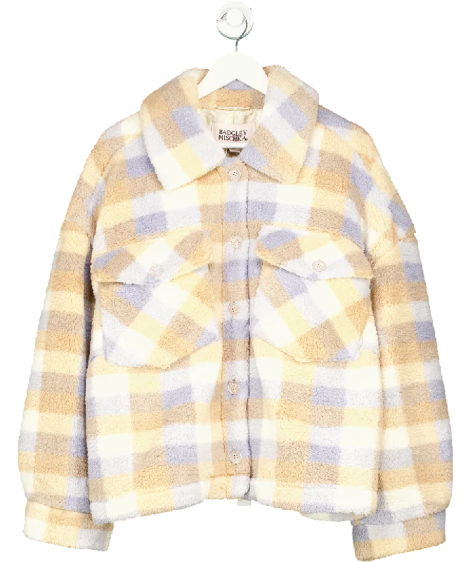 Badgley Mischka Beige Check Super Soft Sherpa Teddy Fleece Jacket UK XXL Print Jacket Jacquard Jacket Embroidered Jacket