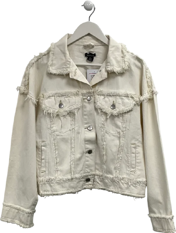 boohoo Cream Frayed Hem Denim Jacket UK 8 Satin Fabric Silk Fabric Chiffon Fabric