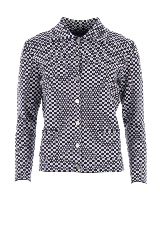 Castle of Ireland Geometric Print Knit Jacket, Navy and White Satin Fabric Silk Fabric Chiffon Fabric