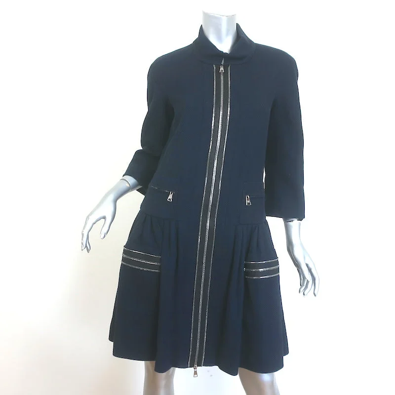 Chanel Zipper-Trimmed Ruffle Jacket Navy Cotton Pique Size 40 Snapped Jacket Toggled Jacket Drawstring Jacket