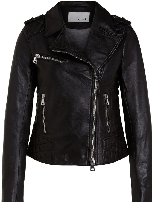 Oui Black Leather Biker Jacket 76138 9990 Boat Neck Shawl Collar Notched Collar