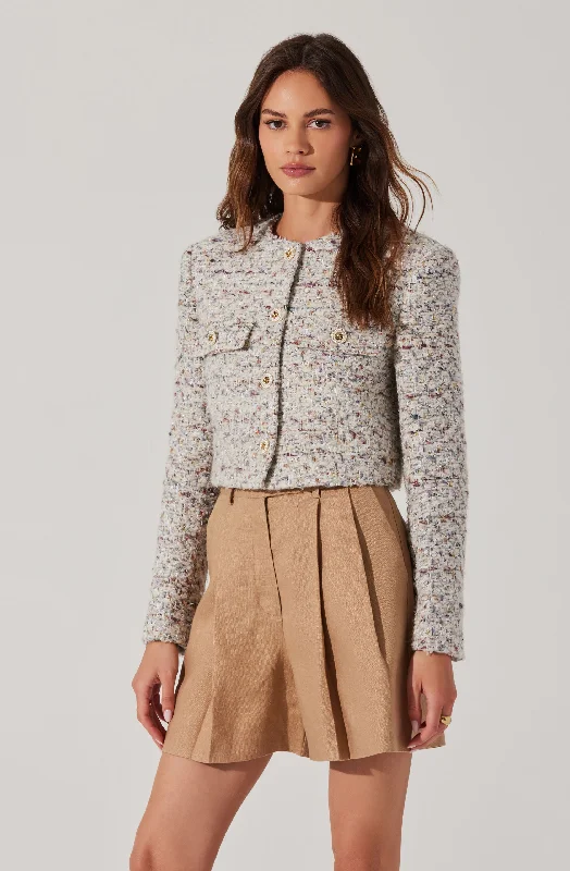 Covina Cropped Tweed Jacket A-Line Jacket Boat Neck Shawl Collar