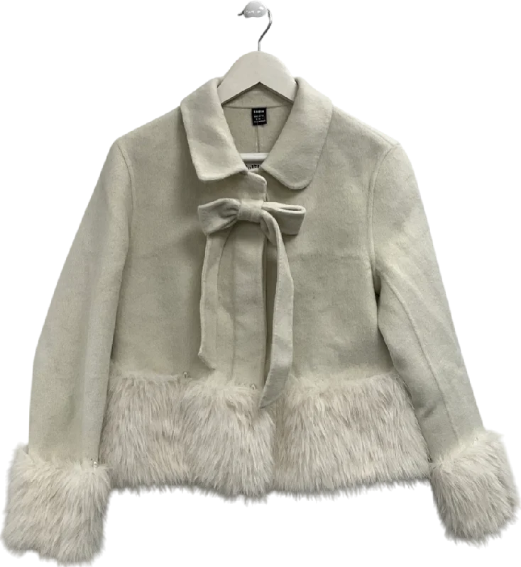 Shein Cream Faux Fur Trimmed Jacket UK S V-Neck Jacket Boat Neck Jacket Square Neck Jacket