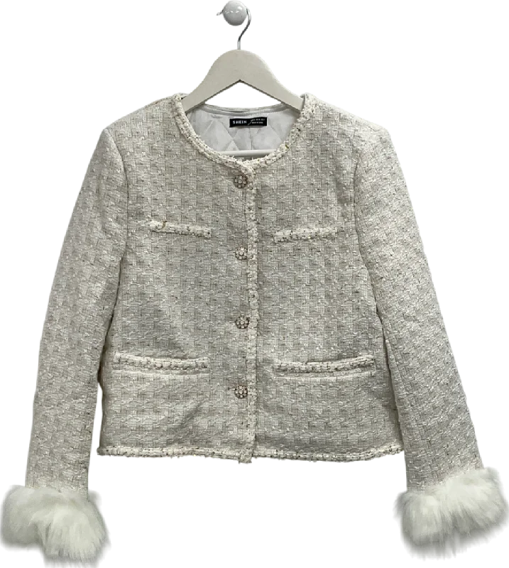 Shein Cream Tweed Jacket With Faux Fur Trimmed Sleeves UK S Wool Jacket Cashmere Jacket Tweed Jacket