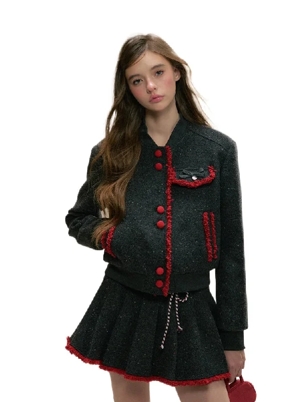 Dark Gray Vintage Wool Baseball Jacket & Skirt Set Notch Collar Jacket Peter Pan Collar Jacket Cowl Neck Jacket