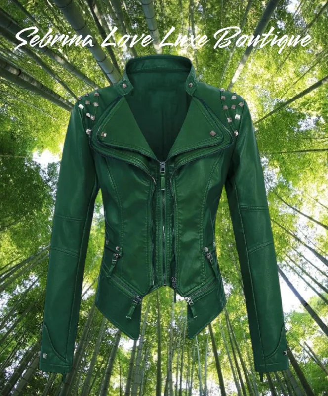 Edgy Green Studded Faux Leather Rocker Biker Jacket Fleece Jacket Down Jacket Feather Jacket