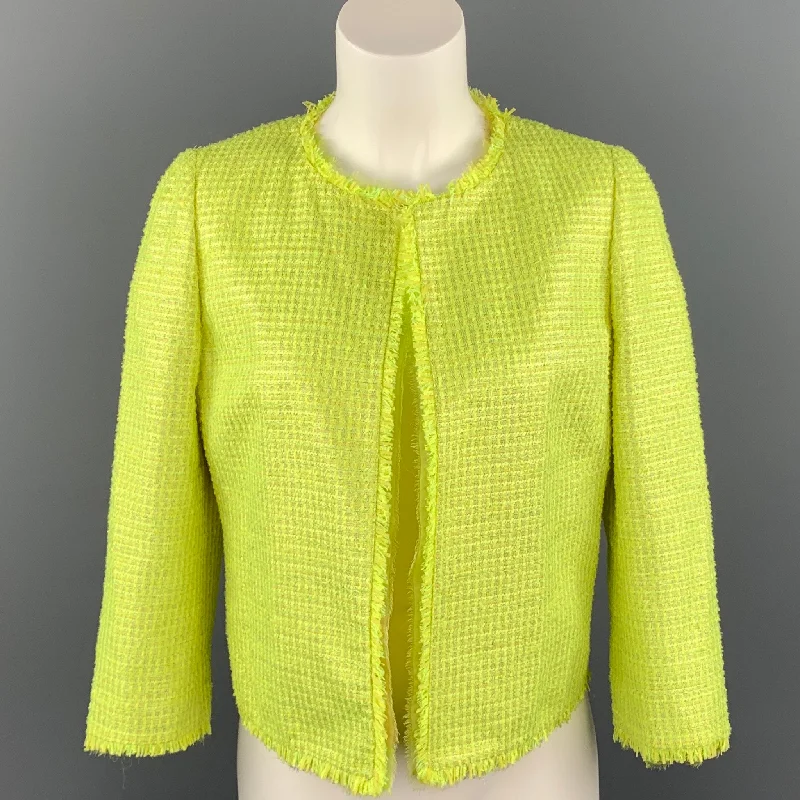 GIAMBATTISTA VALLI Size 8 Green Woven Paper Blend Cropped Open Front Jacket Nylon Jacket Polyester Jacket Spandex Jacket