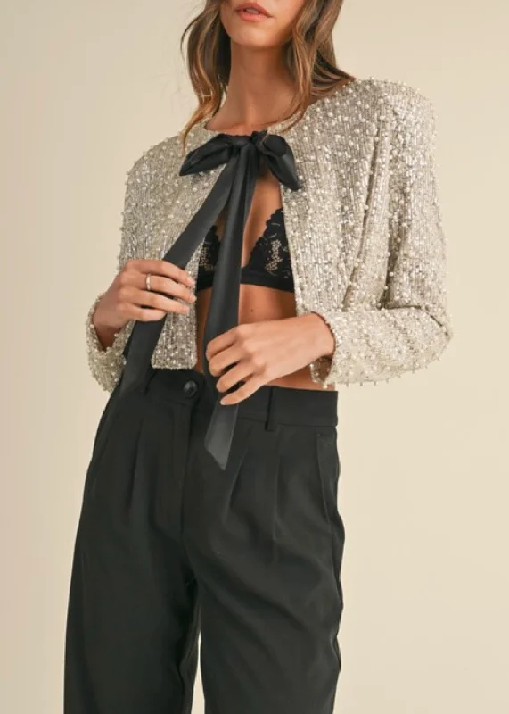 IMPERFECT Brielle Sequin and Pearl Satin Tied Crop Jacket Herringbone Jacket Checkered Jacket Solid Jacket