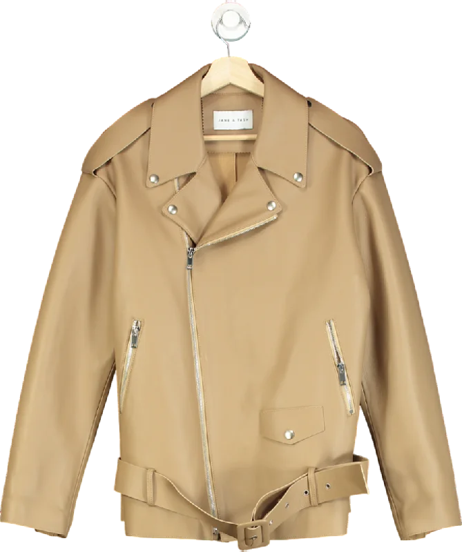 JANE & TASH Beige Oversized Belted Leather Jacket UK M Faux Fur Fabric Real Fur Fabric Shearling Fabric