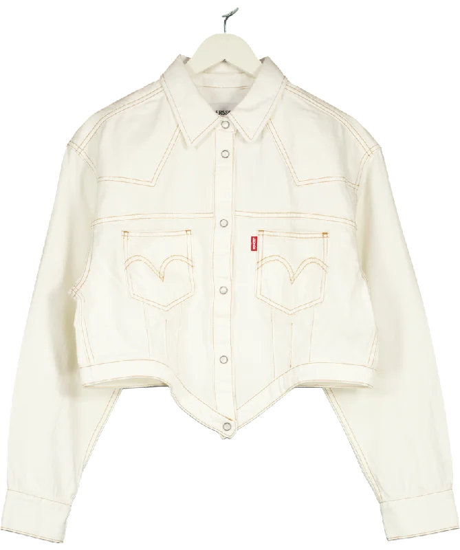 levis White Cinched Blouse Denim Jacket UK XL Fleece Jacket Down Jacket Parka