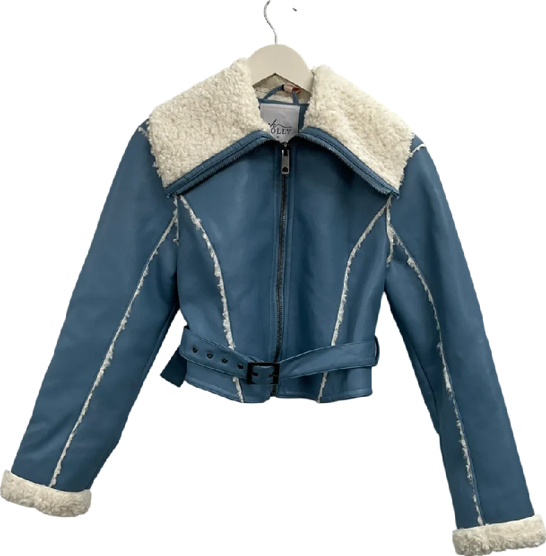 Oh Polly Blue Dora Jacket With Sherling Collar And Trim UK M Faux Fur Fabric Real Fur Fabric Shearling Fabric