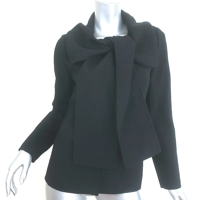 Oscar de la Renta Tie-Neck Jacket Black Wool Crepe Size 4 Wool Jacket Cashmere Jacket Tweed Jacket