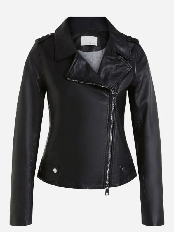 Oui Black Leather Jacket 70452 9990 OUI T BLACK LEATHER JACKET 70452 9990 Tiered Jacket Buttoned Jacket Zippered Jacket