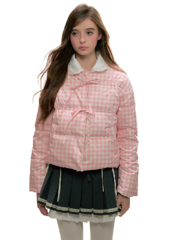 Reversible Pink Plaid & White Down Jacket One-Shoulder Jacket Off-the-Shoulder Jacket Asymmetrical Jacket