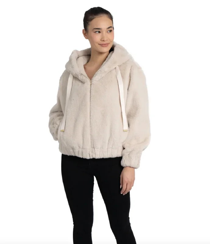 Sean Faux Fur Hooded Jacket - Ivory Welt Pockets Slit Pockets Flap Pockets