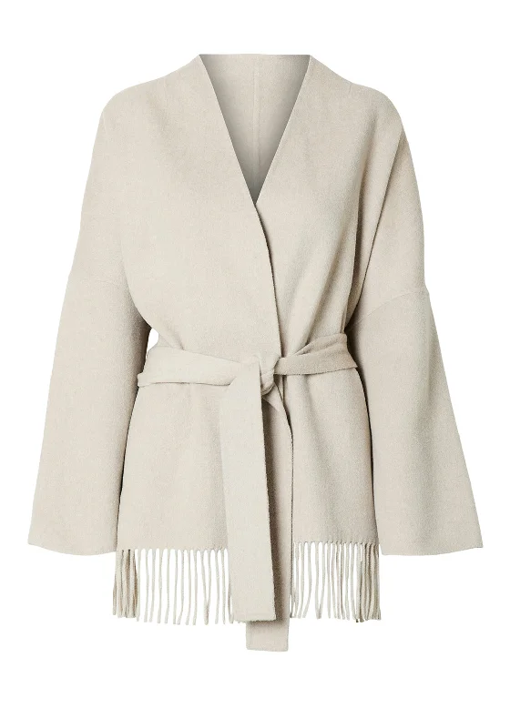 Selected Femme Esma Fringed Tie Jacket, Beige Snapped Jacket Toggled Jacket Drawstring Jacket