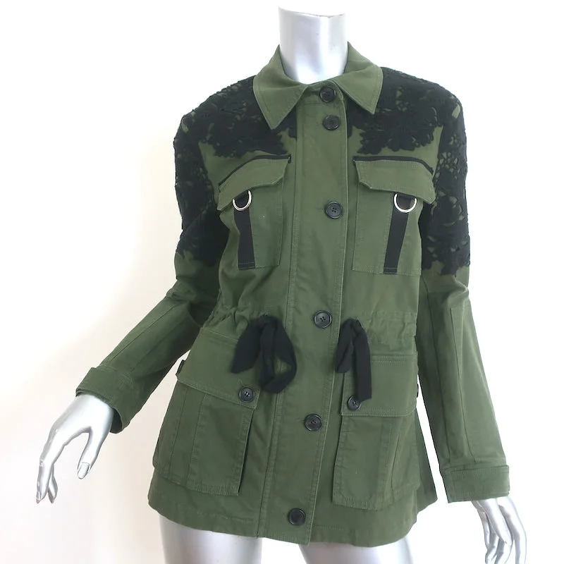 Veronica Beard Heritage Lace-Trim Utility Jacket Army Green Size 2 Satin Jacket Silk Jacket Chiffon Jacket