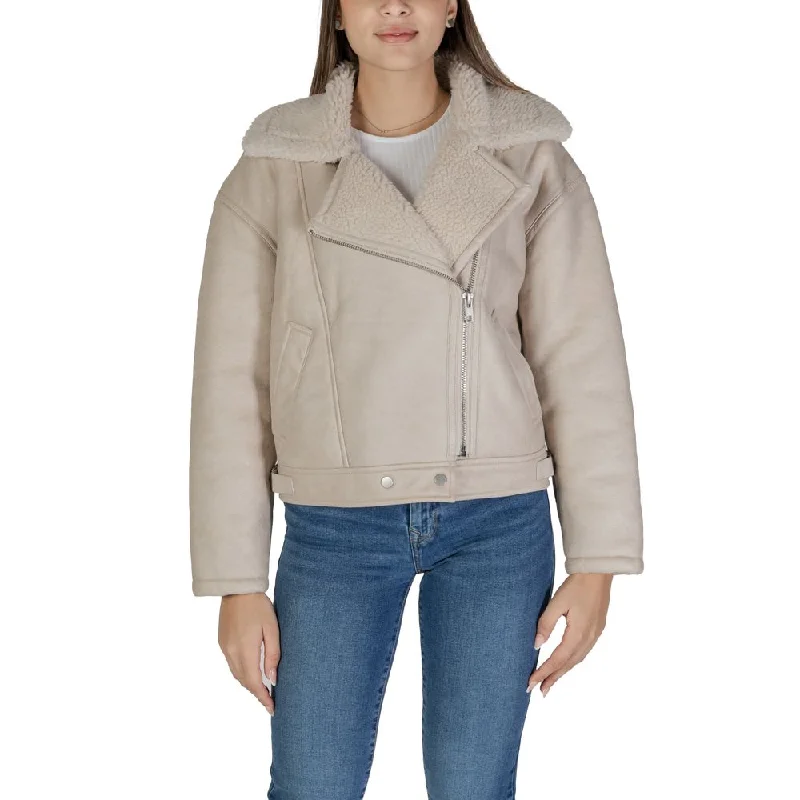 Vila Clothes Beige Synthetic Leather Jackets & Coat Fleece Jacket Down Jacket Feather Jacket