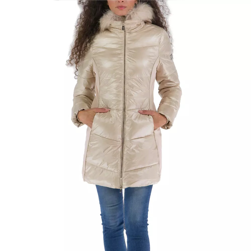 Yes Zee Elegant Beige Padded Jacket with Fur Hood Tailored Jacket Straight Jacket A-Line Jacket