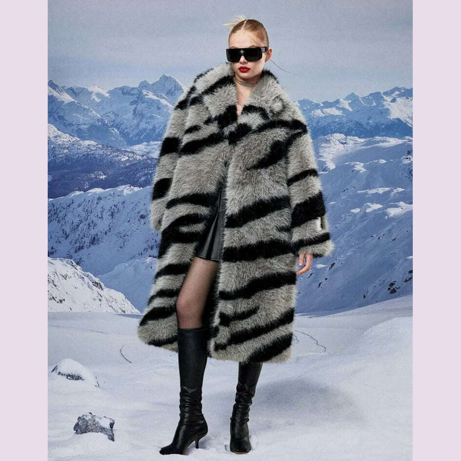 Zebra New Faux Fox Fur Coat Women Long 2024 Winter Imitation Wool Fur Jacket Thickened Warm Plush Overcoat Furry Fuzzy Outerwear Striped Jacket Polka Dot Jacket Floral Jacket