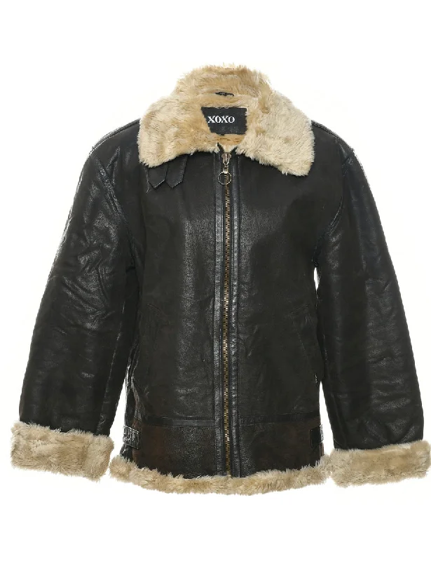 Zip Front Y2K Shearling Leather Jacket - S Knit Jacket Woven Jacket Fleece Jacket