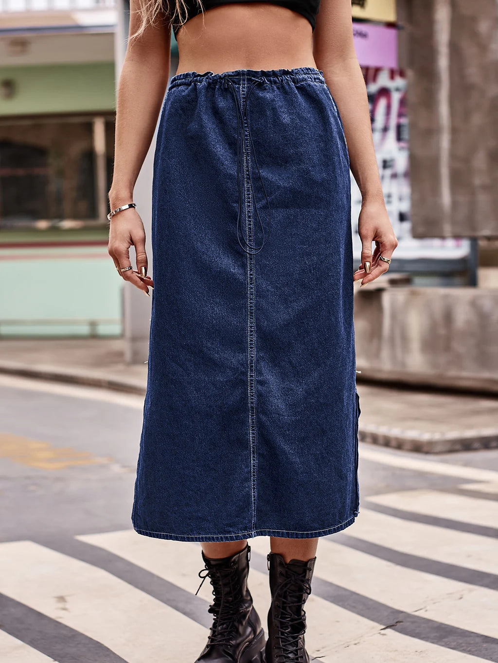 ELASTIC WAIST DRAWSTRING DENIM SKIRT high waist skirt