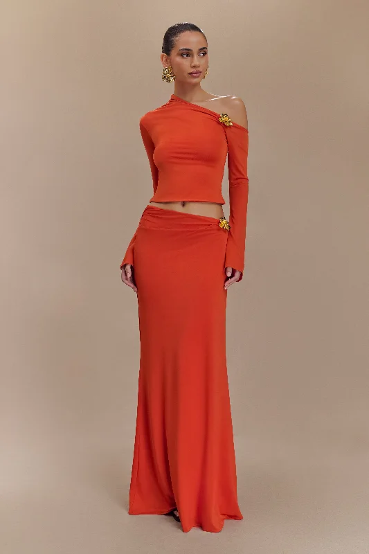 Ainsley Asymmetrical Maxi Skirt With Floral Hardware - Burnt Orange chiffon skirt flowing